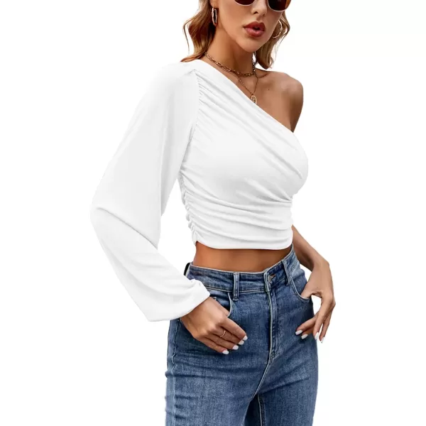 LYANER Women's Ruched One Shoulder Lantern Long Sleeve Crop Blouse Shirt Top