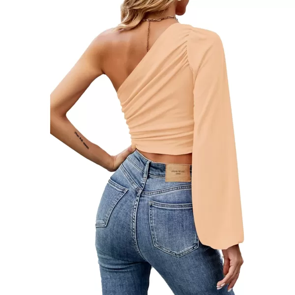 LYANER Women's Ruched One Shoulder Lantern Long Sleeve Crop Blouse Shirt Top