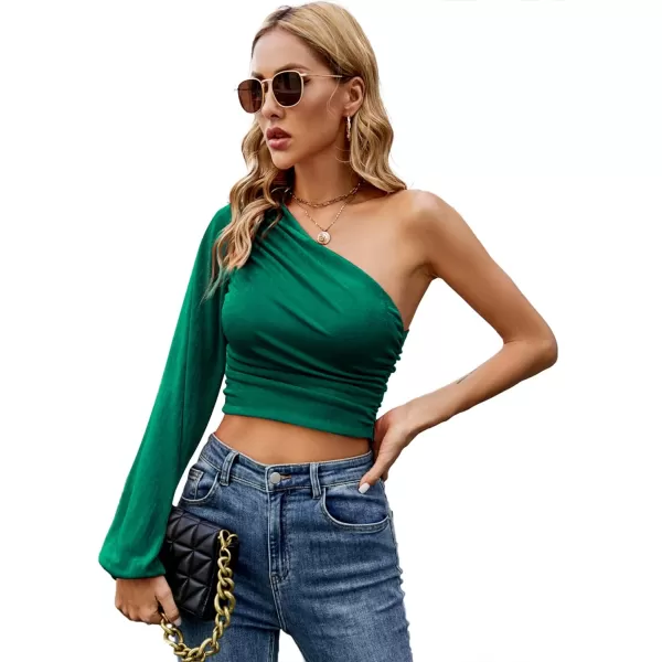 LYANER Women's Ruched One Shoulder Lantern Long Sleeve Crop Blouse Shirt Top