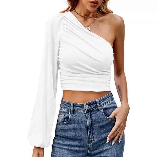 LYANER Women's Ruched One Shoulder Lantern Long Sleeve Crop Blouse Shirt Top