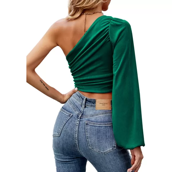 LYANER Women's Ruched One Shoulder Lantern Long Sleeve Crop Blouse Shirt Top