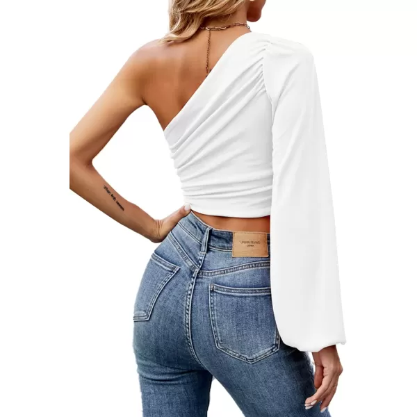 LYANER Women's Ruched One Shoulder Lantern Long Sleeve Crop Blouse Shirt Top