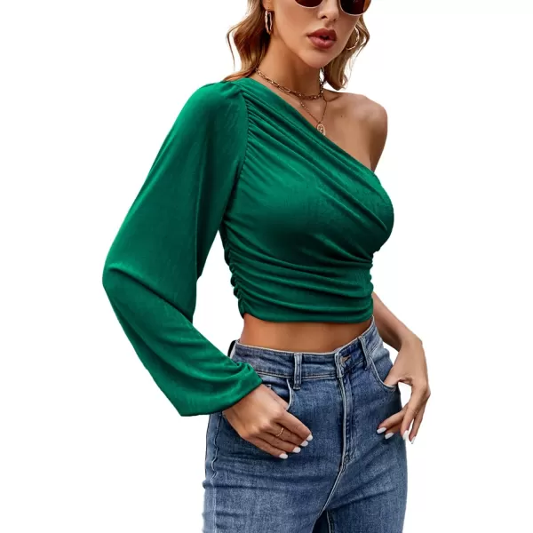 LYANER Women's Ruched One Shoulder Lantern Long Sleeve Crop Blouse Shirt Top