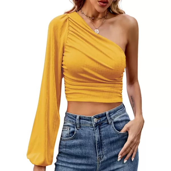LYANER Women's Ruched One Shoulder Lantern Long Sleeve Crop Blouse Shirt Top