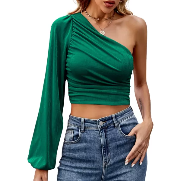 LYANER Women's Ruched One Shoulder Lantern Long Sleeve Crop Blouse Shirt Top