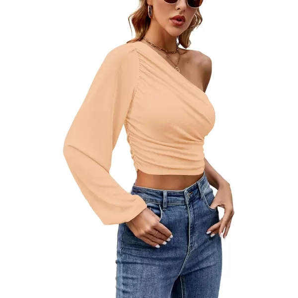 LYANER Women's Ruched One Shoulder Lantern Long Sleeve Crop Blouse Shirt Top