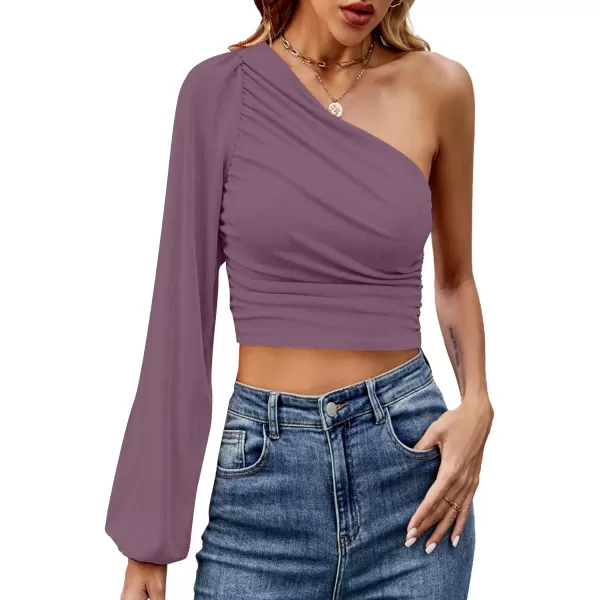 LYANER Women's Ruched One Shoulder Lantern Long Sleeve Crop Blouse Shirt Top