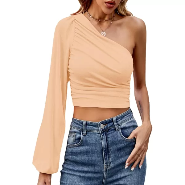 LYANER Women's Ruched One Shoulder Lantern Long Sleeve Crop Blouse Shirt Top