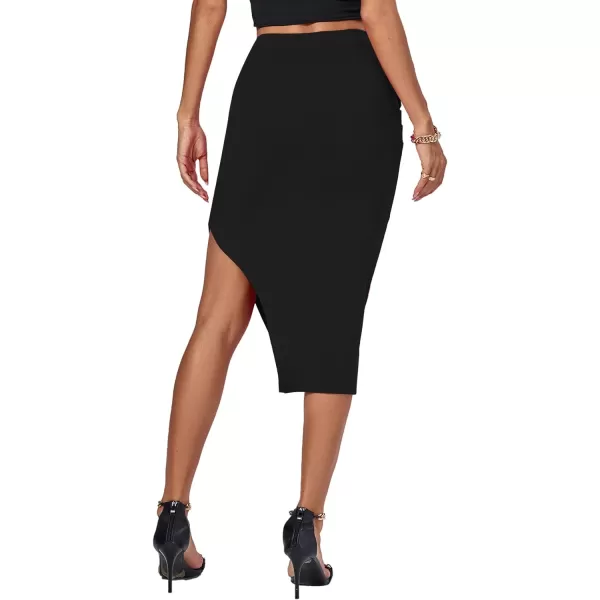 LYANER Women’s Ruched Wrap High Waist Split Side Asymmetrical Bodycon Pencil Midi Skirt