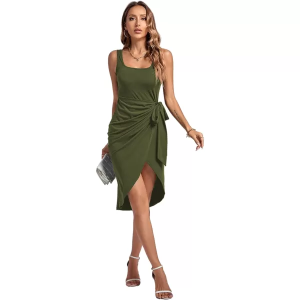 LYANER Women's Ruched Wrap Slit Tie Waist Scoop Neck Sleeveless Bodycon Midi Tank Dress