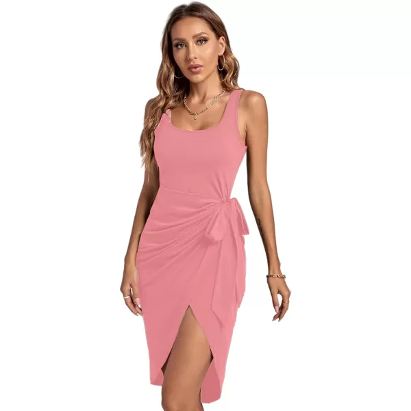 LYANER Women's Ruched Wrap Slit Tie Waist Scoop Neck Sleeveless Bodycon Midi Tank Dress