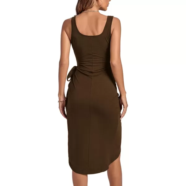 LYANER Women's Ruched Wrap Slit Tie Waist Scoop Neck Sleeveless Bodycon Midi Tank Dress
