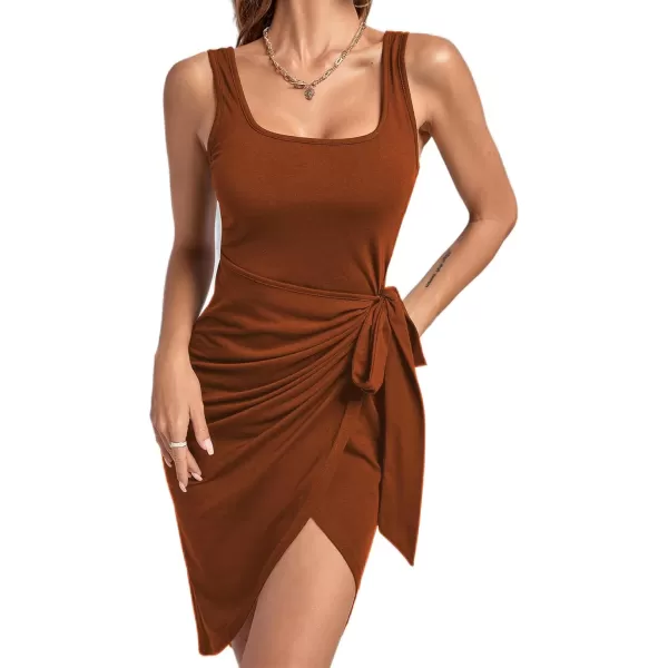 LYANER Women's Ruched Wrap Slit Tie Waist Scoop Neck Sleeveless Bodycon Midi Tank Dress