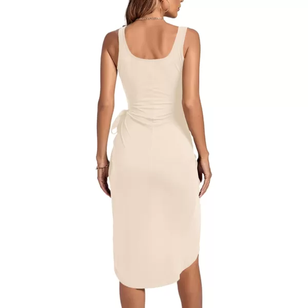 LYANER Women's Ruched Wrap Slit Tie Waist Scoop Neck Sleeveless Bodycon Midi Tank Dress