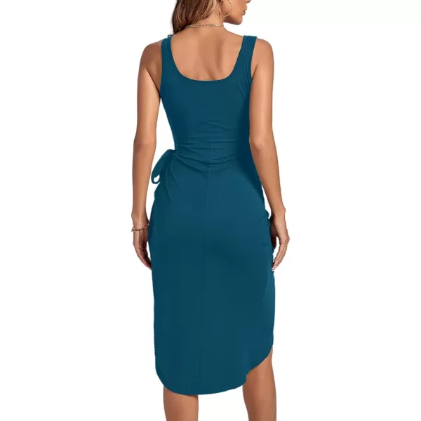 LYANER Women's Ruched Wrap Slit Tie Waist Scoop Neck Sleeveless Bodycon Midi Tank Dress