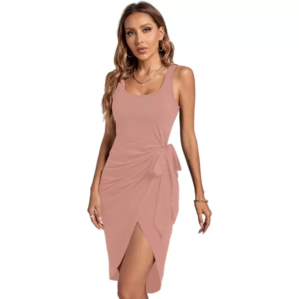 LYANER Women's Ruched Wrap Slit Tie Waist Scoop Neck Sleeveless Bodycon Midi Tank Dress