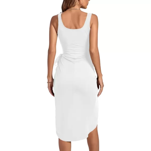 LYANER Women's Ruched Wrap Slit Tie Waist Scoop Neck Sleeveless Bodycon Midi Tank Dress
