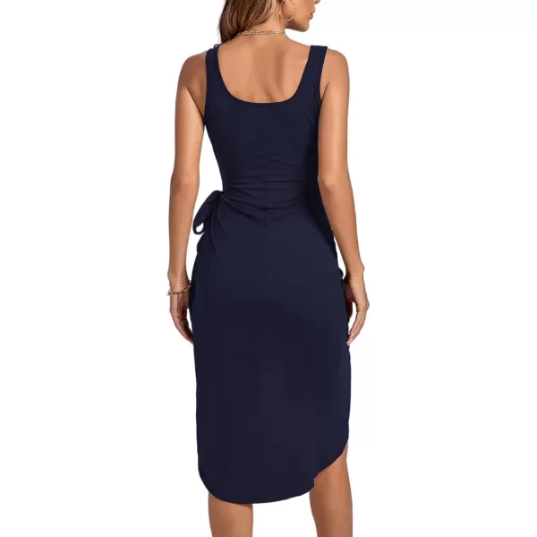 LYANER Women's Ruched Wrap Slit Tie Waist Scoop Neck Sleeveless Bodycon Midi Tank Dress