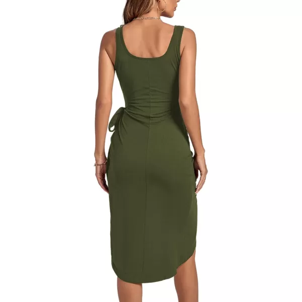 LYANER Women's Ruched Wrap Slit Tie Waist Scoop Neck Sleeveless Bodycon Midi Tank Dress
