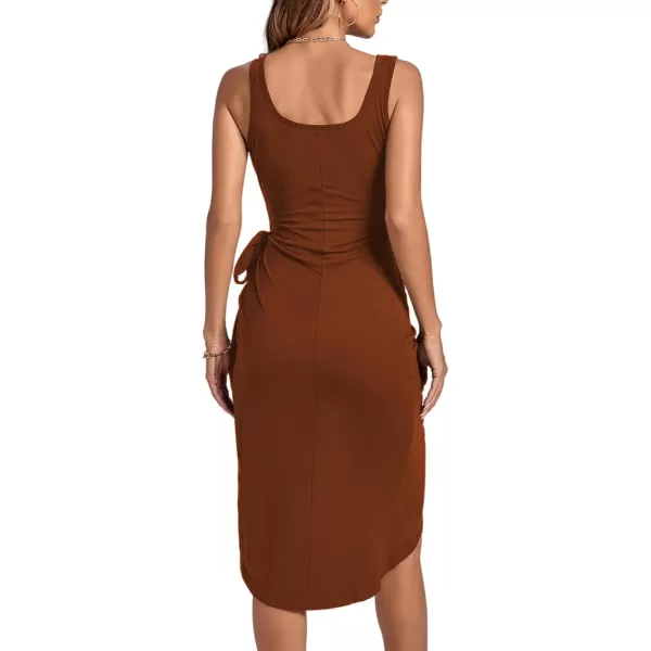 LYANER Women's Ruched Wrap Slit Tie Waist Scoop Neck Sleeveless Bodycon Midi Tank Dress