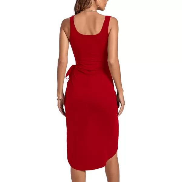 LYANER Women's Ruched Wrap Slit Tie Waist Scoop Neck Sleeveless Bodycon Midi Tank Dress