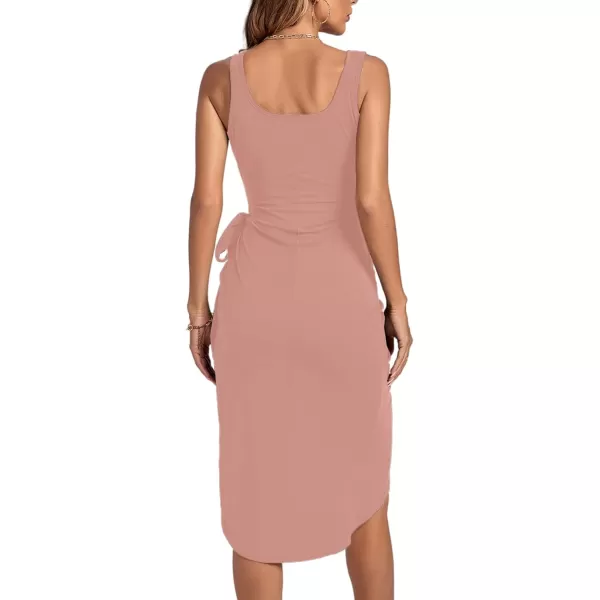LYANER Women's Ruched Wrap Slit Tie Waist Scoop Neck Sleeveless Bodycon Midi Tank Dress