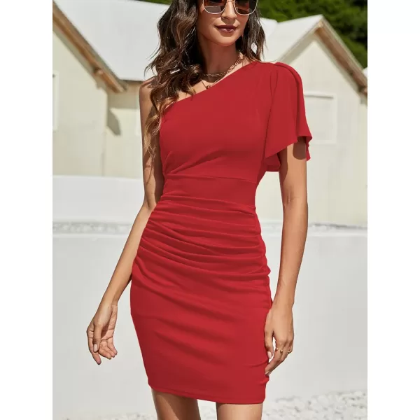 LYANER Women's Ruffle One Shoulder Short Sleeve Ruched Cocktail Bodycon Short Dress