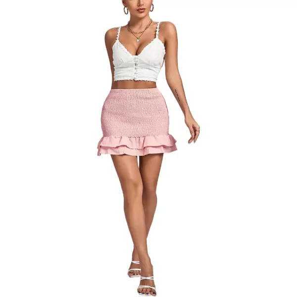 LYANER Women's Ruffle Shirred High Waisted Layered Summer Cute Mini Skirt