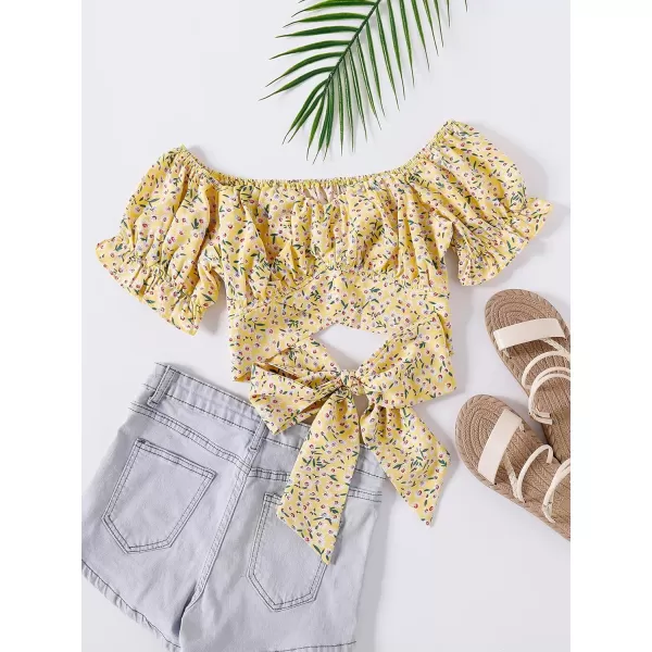 LYANER Women's Ruffle Short Sleeve Tie Up Back Crop Top Off Shoulder Bardot Blouse