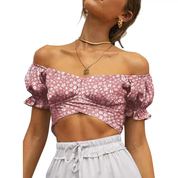 LYANER Women's Ruffle Short Sleeve Tie Up Back Crop Top Off Shoulder Bardot Blouse