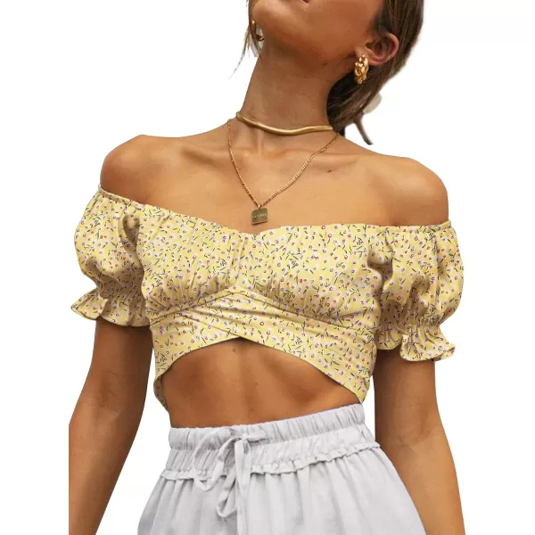 LYANER Women's Ruffle Short Sleeve Tie Up Back Crop Top Off Shoulder Bardot Blouse
