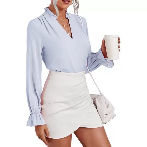 LYANER Women's Ruffle V Neck Solid Long Sleeve Chiffon Blouse Shirt Top