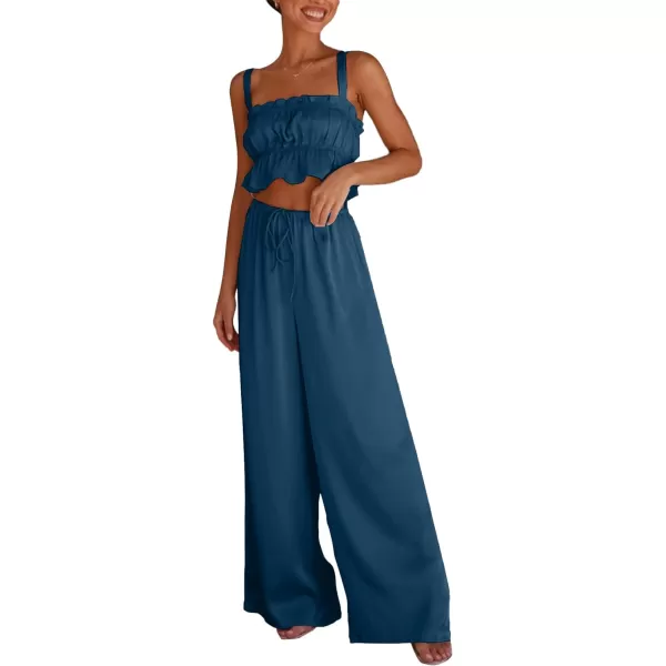 LYANER Women's Satin 2 Piece Outfits Square Neck Frill Trim Ruffle Sleeveless Crop Top and High Waist Wide Leg Pants Sets
