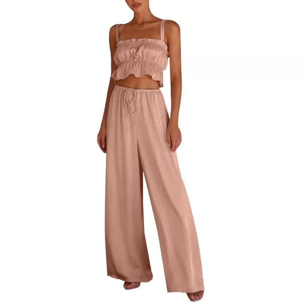 LYANER Women's Satin 2 Piece Outfits Square Neck Frill Trim Ruffle Sleeveless Crop Top and High Waist Wide Leg Pants Sets
