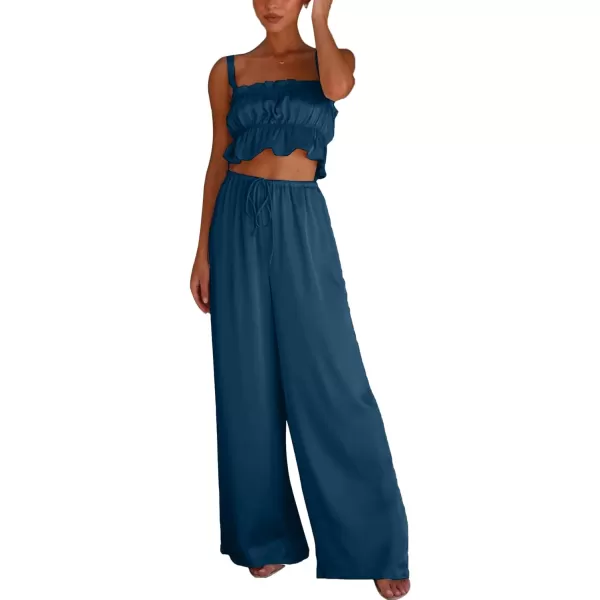 LYANER Women's Satin 2 Piece Outfits Square Neck Frill Trim Ruffle Sleeveless Crop Top and High Waist Wide Leg Pants Sets