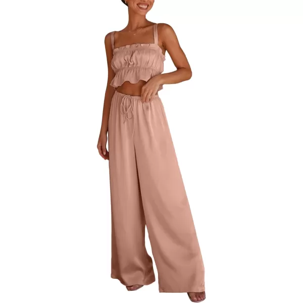 LYANER Women's Satin 2 Piece Outfits Square Neck Frill Trim Ruffle Sleeveless Crop Top and High Waist Wide Leg Pants Sets