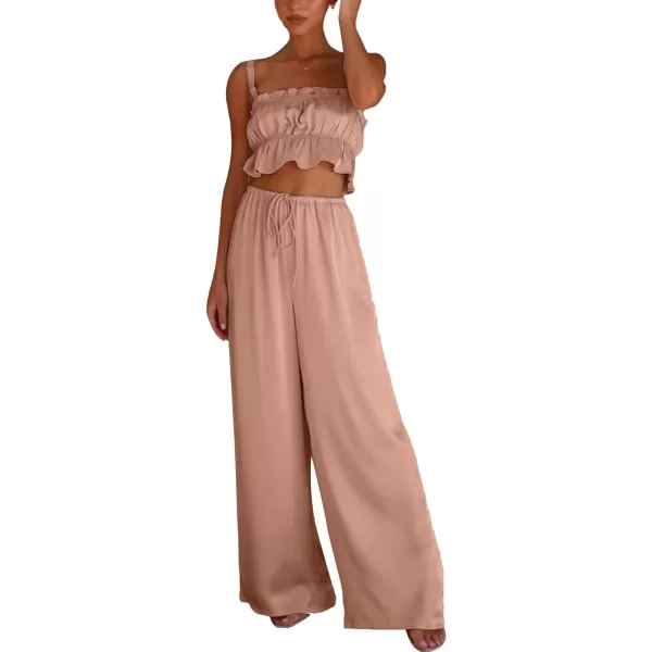 LYANER Women's Satin 2 Piece Outfits Square Neck Frill Trim Ruffle Sleeveless Crop Top and High Waist Wide Leg Pants Sets