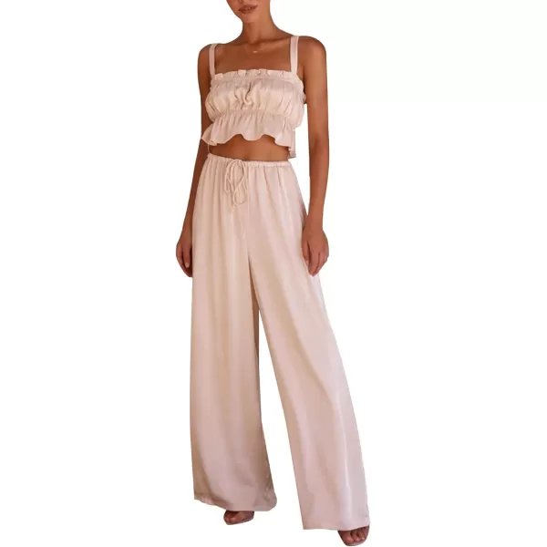 LYANER Women's Satin 2 Piece Outfits Square Neck Frill Trim Ruffle Sleeveless Crop Top and High Waist Wide Leg Pants Sets