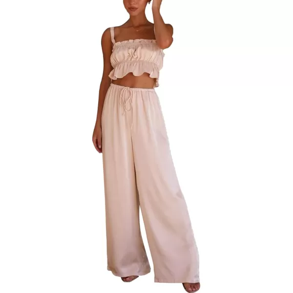 LYANER Women's Satin 2 Piece Outfits Square Neck Frill Trim Ruffle Sleeveless Crop Top and High Waist Wide Leg Pants Sets