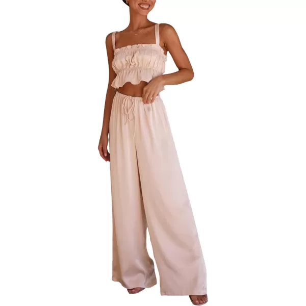 LYANER Women's Satin 2 Piece Outfits Square Neck Frill Trim Ruffle Sleeveless Crop Top and High Waist Wide Leg Pants Sets
