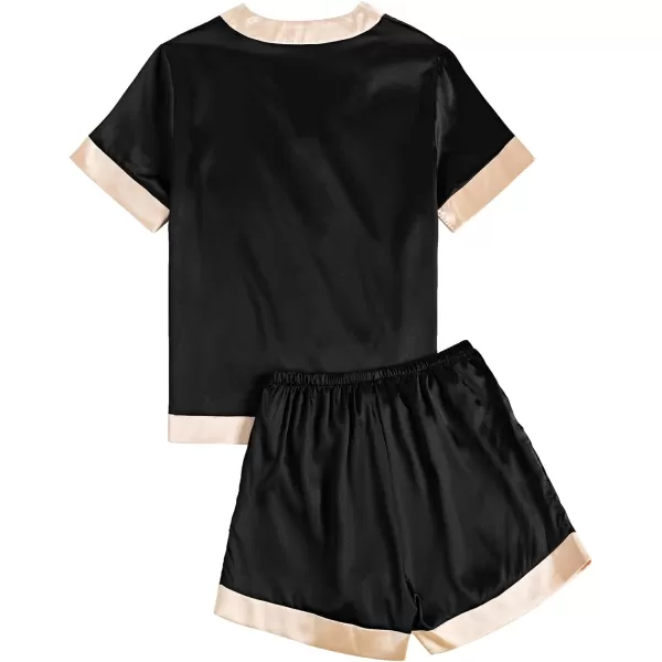 LYANER Women's Satin 2 Piece Pajamas Set V Neck Button Down Short Sleeve Shirt and Shorts Lounge Set