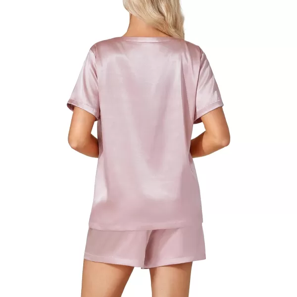 LYANER Women's Satin 2 Piece Sleepwear V Neck Short Sleeve Top and Drawstring Shorts Pajama Set