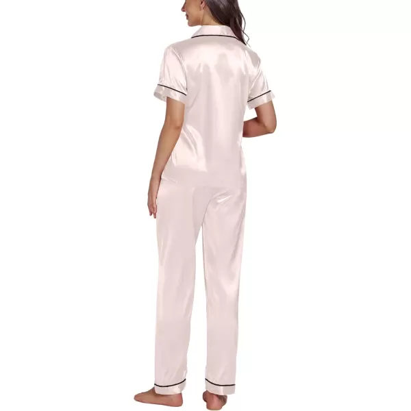 LYANER Women's Satin Button Down 2 Pieces Pajamas Set Short Sleeve Sleepwear Pjs Loungewear Nightwear With Long Pants