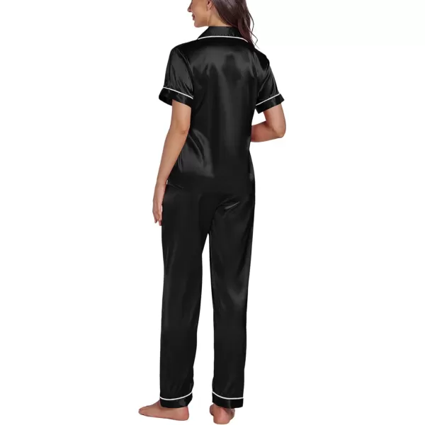 LYANER Women's Satin Button Down 2 Pieces Pajamas Set Short Sleeve Sleepwear Pjs Loungewear Nightwear With Long Pants