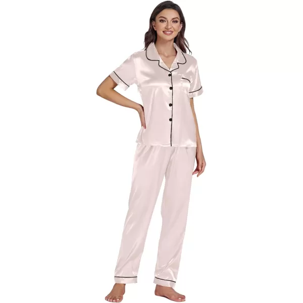 LYANER Women's Satin Button Down 2 Pieces Pajamas Set Short Sleeve Sleepwear Pjs Loungewear Nightwear With Long Pants