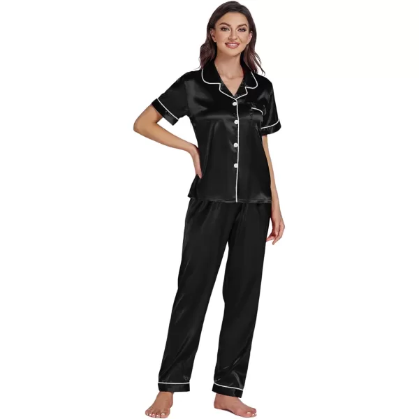 LYANER Women's Satin Button Down 2 Pieces Pajamas Set Short Sleeve Sleepwear Pjs Loungewear Nightwear With Long Pants