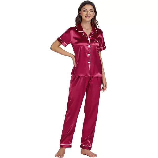 LYANER Women's Satin Button Down 2 Pieces Pajamas Set Short Sleeve Sleepwear Pjs Loungewear Nightwear With Long Pants