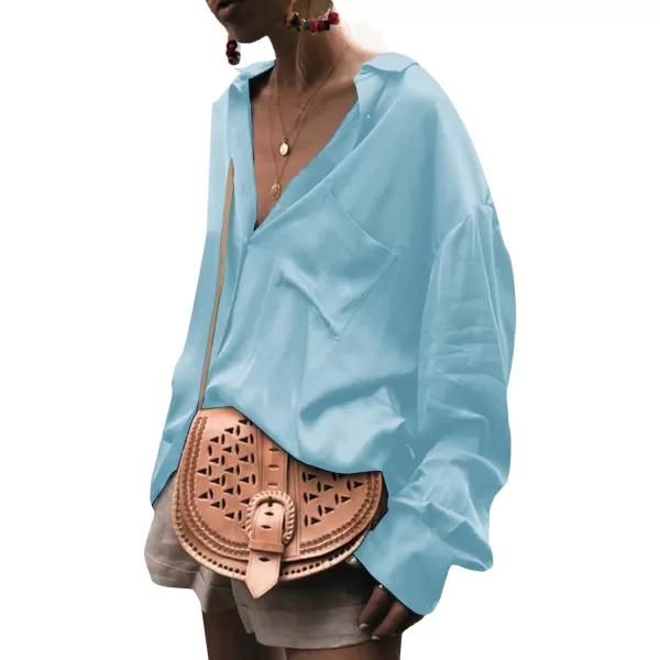 LYANER Women's Satin Collar Neck Button Down Long Sleeve Blouse Shirt Tunic Top