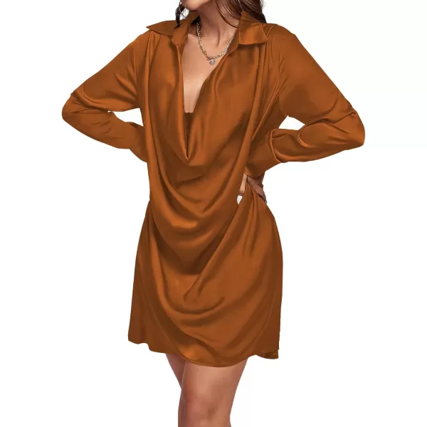 LYANER Women's Satin Collar V Neck Drape Ruched Front Flowy Long Sleeve Short Mini Dress