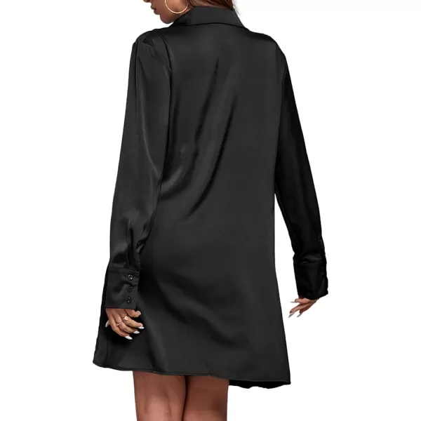 LYANER Women's Satin Collar V Neck Drape Ruched Front Flowy Long Sleeve Short Mini Dress
